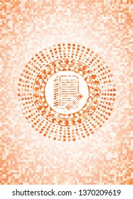 notebook with pencil icon inside orange mosaic emblem