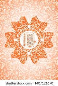 notebook with pencil icon inside orange tile background illustration. Square geometric mosaic seamless pattern with emblem inside.