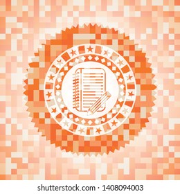 notebook with pencil icon inside orange mosaic emblem