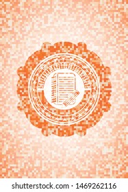 notebook with pencil icon inside orange tile background illustration. Square geometric mosaic seamless pattern with emblem inside.