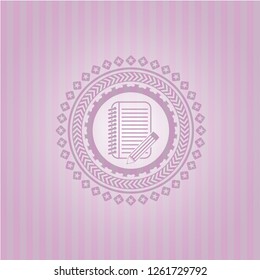 notebook with pencil icon inside pink emblem