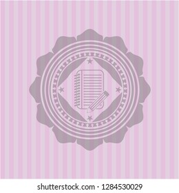 notebook with pencil icon inside pink emblem. Retro