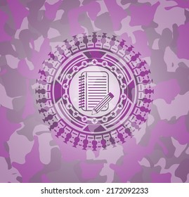 notebook with pencil icon inside pink and purple camo emblem. 
