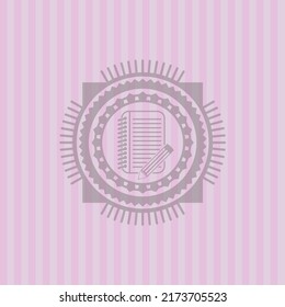 notebook with pencil icon inside pink emblem. Retro. Detailed design. 