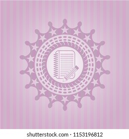 notebook with pencil icon inside realistic pink emblem