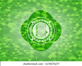 notebook with pencil icon inside realistic green mosaic emblem