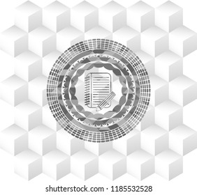 notebook with pencil icon inside realistic grey emblem with cube white background