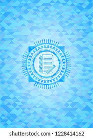 notebook with pencil icon inside realistic sky blue emblem. Mosaic background