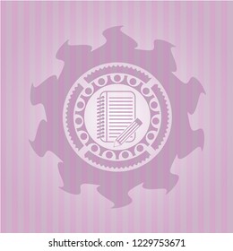 notebook with pencil icon inside realistic pink emblem