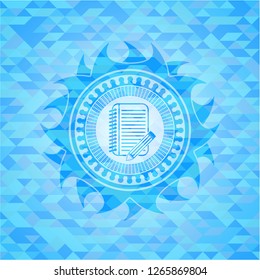 notebook with pencil icon inside realistic sky blue mosaic emblem