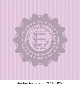notebook with pencil icon inside realistic pink emblem