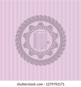 notebook with pencil icon inside realistic pink emblem