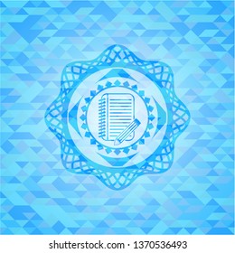 notebook with pencil icon inside realistic sky blue mosaic emblem