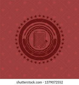 notebook with pencil icon inside realistic red emblem