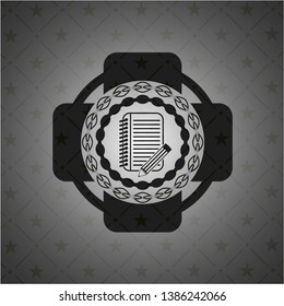 notebook with pencil icon inside realistic dark emblem