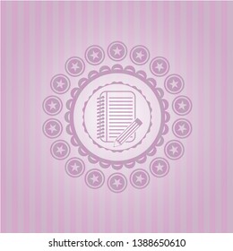 notebook with pencil icon inside realistic pink emblem