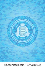 notebook with pencil icon inside realistic sky blue mosaic emblem