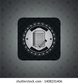 notebook with pencil icon inside realistic black emblem