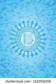 notebook with pencil icon inside realistic light blue mosaic emblem