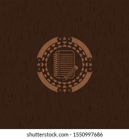 notebook with pencil icon inside realistic wooden emblem