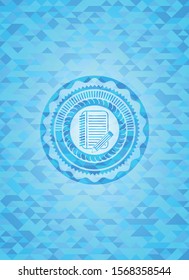 notebook with pencil icon inside realistic sky blue emblem. Mosaic background