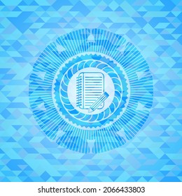 notebook with pencil icon inside realistic light blue mosaic emblem. 