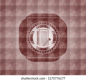 notebook with pencil icon inside red seamless geometric pattern emblem. Seamless.