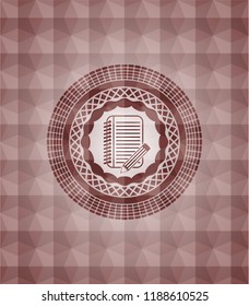 notebook with pencil icon inside red geometric pattern emblem. Seamless.