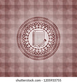 notebook with pencil icon inside red seamless emblem with geometric pattern.