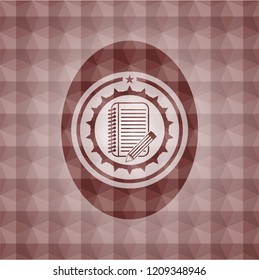 notebook with pencil icon inside red seamless emblem or badge with abstract geometric polygonal pattern background.