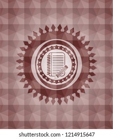 notebook with pencil icon inside red seamless badge with geometric pattern background.