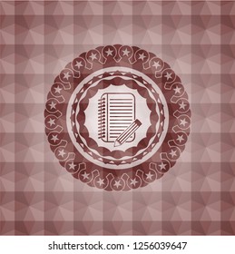 notebook with pencil icon inside red seamless geometric badge.