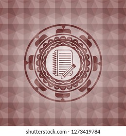 notebook with pencil icon inside red seamless geometric emblem.