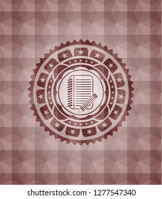 notebook with pencil icon inside red seamless geometric badge.