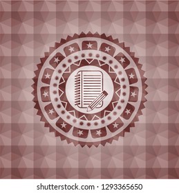 notebook with pencil icon inside red emblem or badge with geometric pattern background. Seamless.