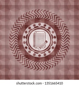notebook with pencil icon inside red emblem with geometric pattern. Seamless.