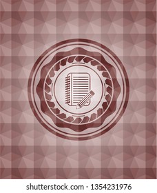 notebook with pencil icon inside red seamless badge with geometric pattern.