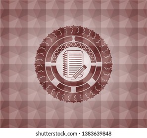 notebook with pencil icon inside red polygonal badge. Seamless.