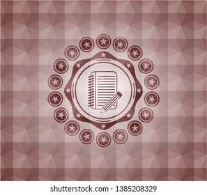 notebook with pencil icon inside red geometric emblem. Seamless.