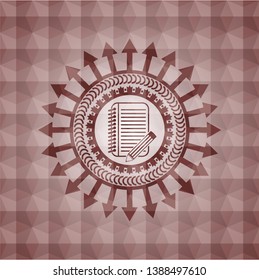 notebook with pencil icon inside red seamless emblem or badge with abstract geometric pattern background.