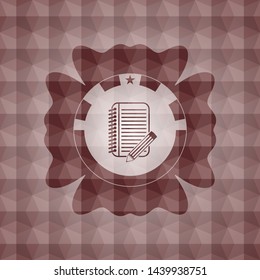 notebook with pencil icon inside red geometric emblem. Seamless.