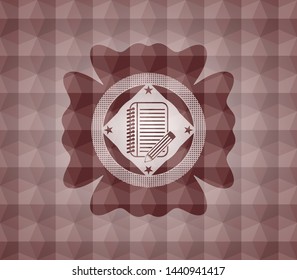 notebook with pencil icon inside red seamless emblem with geometric pattern.