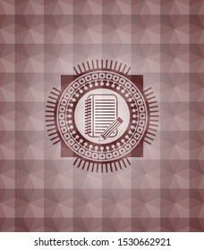 notebook with pencil icon inside red geometric pattern emblem. Seamless.