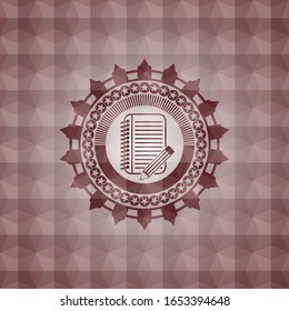 notebook with pencil icon inside red seamless emblem or badge with abstract geometric pattern background.