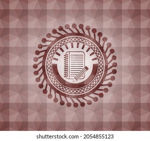 bloc de notas con icono de lápiz dentro del emblema rojo sin soldadura con patrón geométrico. 