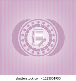 notebook with pencil icon inside retro pink emblem
