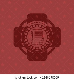 notebook with pencil icon inside retro style red emblem