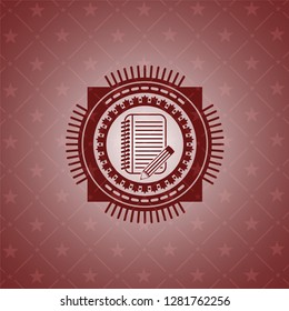 notebook with pencil icon inside retro style red emblem