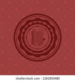 notebook with pencil icon inside retro red emblem