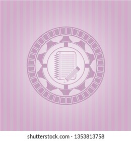 notebook with pencil icon inside retro pink emblem